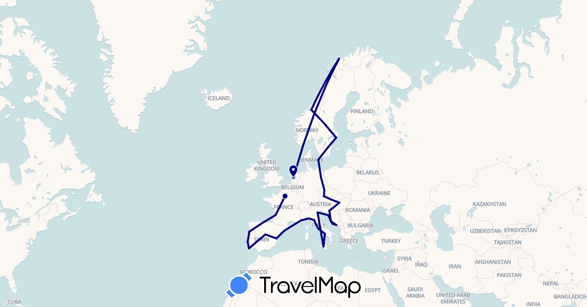 TravelMap itinerary: driving in Austria, Czech Republic, Germany, Denmark, Spain, France, Croatia, Hungary, Italy, Netherlands, Norway, Portugal, Sweden (Europe)